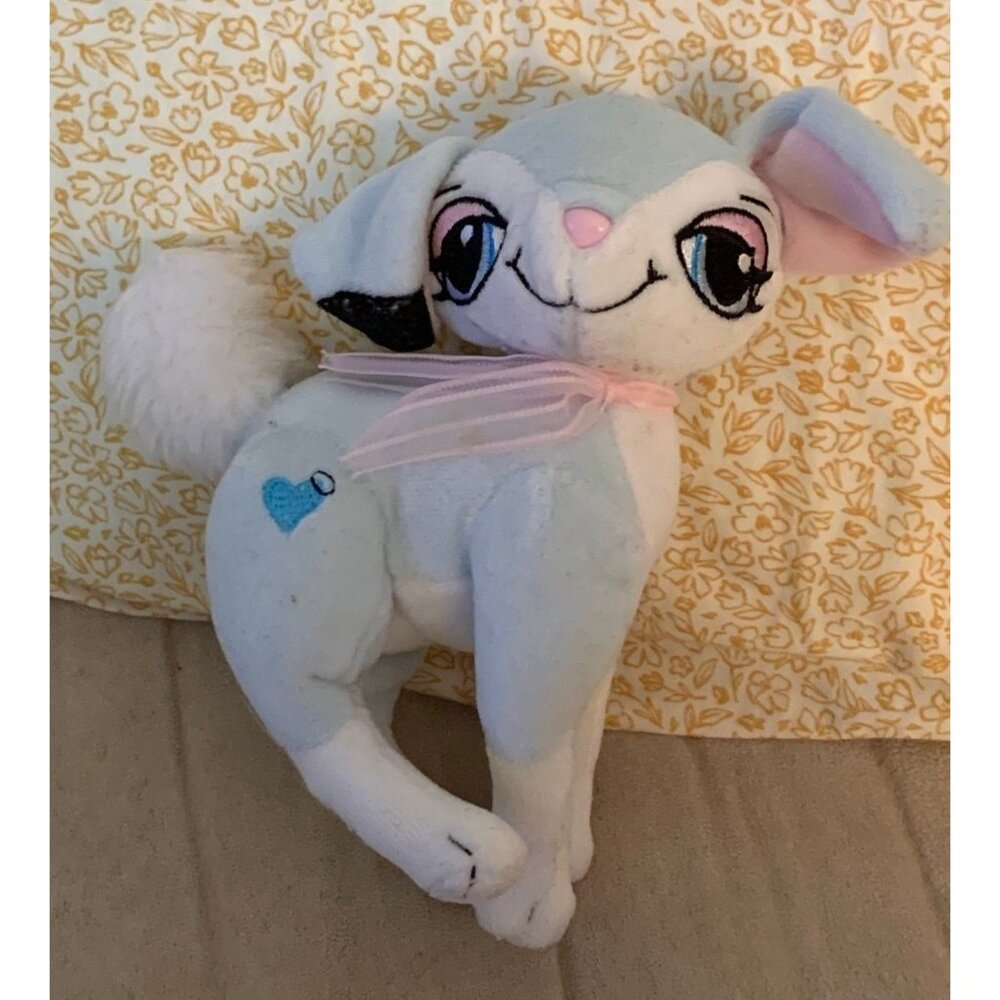 Vintage Bratz blue and white puppy dog pink ribbon Plush stuffed animal Y2K Petz